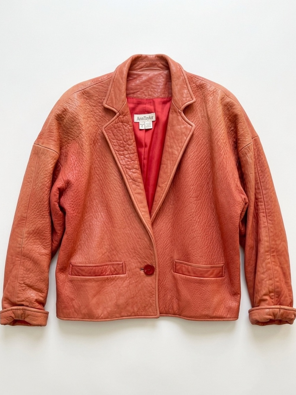 ANN TAYLOR SALMON CUFF WAIST LENGTH PEBBLE LEATHER JACKET 90’s vintage